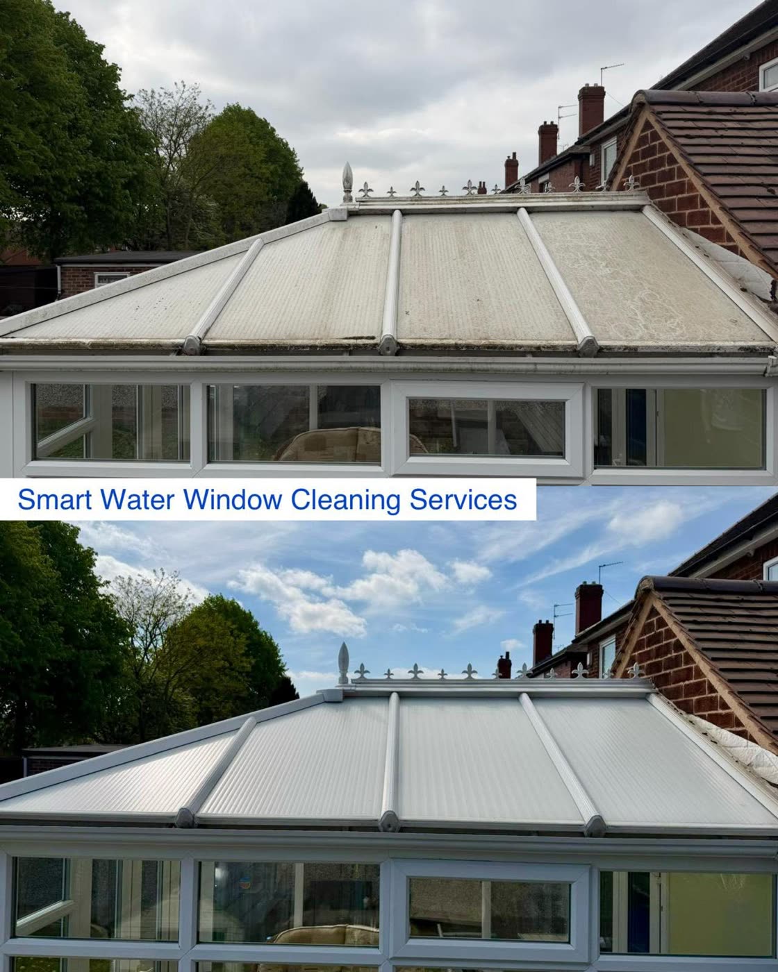 Conservatory roof soft-washed from green to sparkling